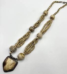 Carved Bovine Bone Bead Necklace - 15 In Length Beads 0.75 In Dia Pendant 1.75 In Sq X 0.5 In