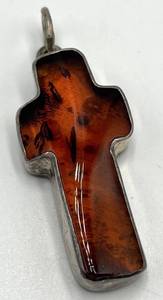 Baltic Amber Cross Pendant in Sterling Silver - 1.75 x 0.75 x 0.25 in