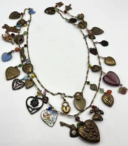 Charm Necklace 19 in with Hearts & Keys & Beads - Vintage Brass