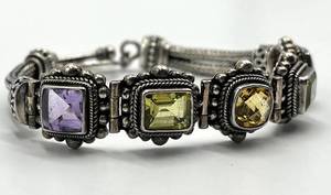 Indonesian 925 Sterling Silver Bracelet - 8 in Length, Multicolor Square Gemstones
