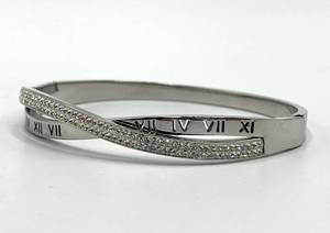 Roman Numeral Crossover Bangle Bracelet - Crystal Accents, Silver Tone, 2.5 x 2.25 x 0.25 in