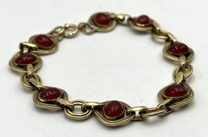 14K Filled Gold Link Bracelet with Red Cabochons - 7 in Length