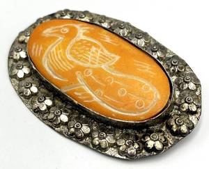 Bovine Bone Bird Brooch - Hand-Carved Orange Bone with Floral Silver Frame (3.25 x 2.25 in)