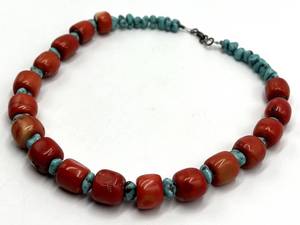 Red Coral & Turquoise Bead Necklace - 8 in Length
