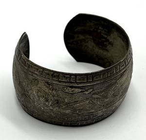 Antique Silver Cuff Bracelet - Engraved Leaf & Geometric Pattern, 2.25 x 2 x 1.25 in