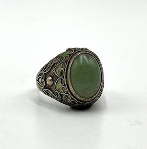 Jade Chinese Export Adjustable Ring - Green Jade Cabochon 0.5 x 0.25 in