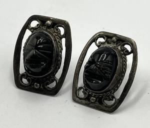 Sterling Silver 925 Screw-On Earrings - Carved Smoky Quartz Cabochons (Lot of 2)