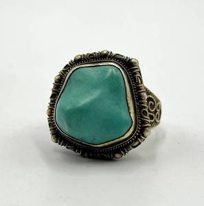 Turquoise Stone Silver Filigree Adjustable Ring - 0.75 x 0.75 in Cabochon