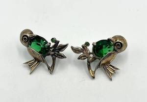 Sterling Silver Bird Earrings - Green Gemstones - Screw Back - 1x0.75 in