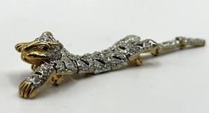 Tiger Brooch Pin - 3.75in L, Two-Tone GoldSilver with Crystals
