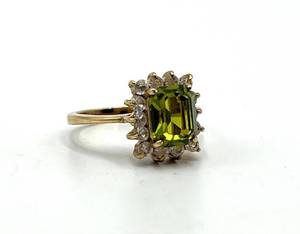Peridot Ring 18K GF - Emerald-Cut Green Peridot Center with Diamond Halo - Size 5