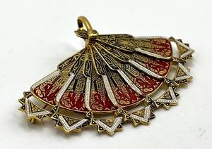 Spain Folding Fan Brooch Pin - Filigree Gold with Red Enamel, Open 2.5in