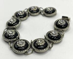 Antique Crystal Link Bracelet - 8 in L, Circles 0.75 in Dia, Crystals 0.25 in Dia