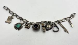 Sterling Silver Charm Bracelet - 7 in Length, Mixed Charms with Turquoise