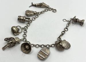 Japanese Sterling Charm Bracelet - 7.5 in Length with Assorted Charms