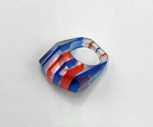 Vintage Lucite Ring - Striped RedWhiteBlue, Size 8.5, Top 1.5 x .75 in