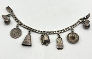 Mexican Sterling Silver Charm Bracelet, 6.5 in, Charms 0.5-0.75 in, 925