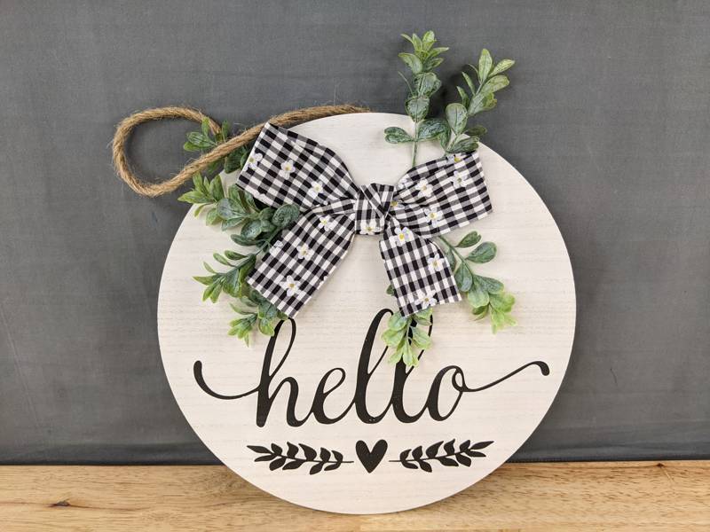 10.5 in Round Wood Hello Hanging Sign with Bow - Brand New