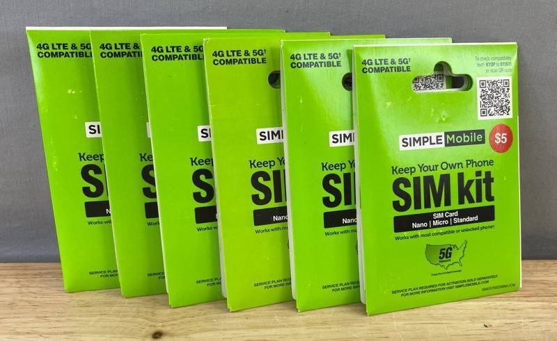 Simple Mobile SIM Kit 4G LTE & 5G Compatible NanoMicroStandard, 6-Pack - Brand New