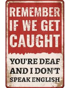 Remember If We Get Caught Youre Deaf And I Dont Speak English 8 x 12 Metal Sign - Brand New