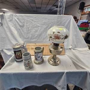 Lot with 3 Steins and Hurricane Oil Lamp-England