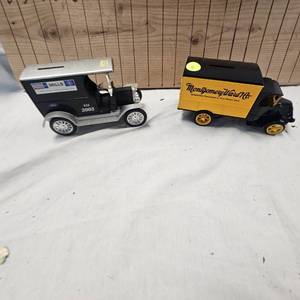 Lot of 2 Delivery Truck Coin Banks with advertising