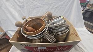 Lot of Several Colanders and Wooden Pestles