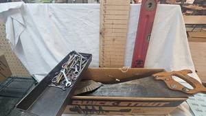 Assorted Tool Lot, Wrenches, Saw, level, and more