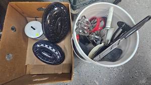 Enamelware Pot, Roaster and Bucket of Utensils, Silverware