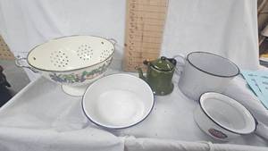 Enamel Strainer, Teapot, Kettle and Chicken Roaster