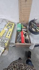 Floor Jack, Bolts, Screws, Screwdriver Lot