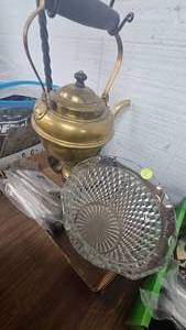 Brass Hanging Tea Pot and Glass Vase
