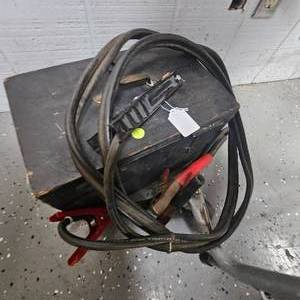 Wood Tool Box with Misc Tools and Jumper Cables