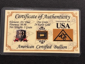 1 Grain .999 Fine Gold Bar