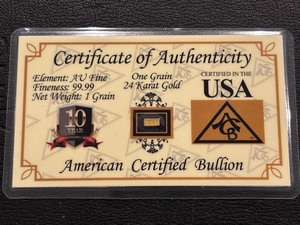 1 Grain .999 Fine Gold Bar