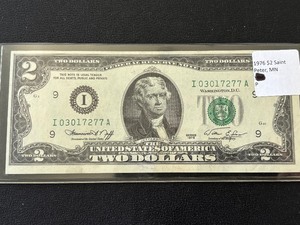 1976 Green Seal $2 Dollar Note Uncirculated Postmarked St. Peter, MN