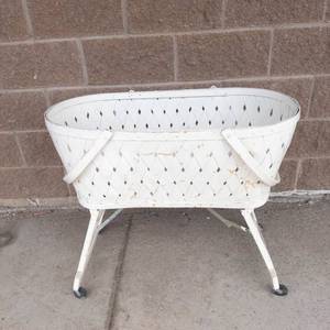 Vintage Woven Baby Cradle Bassinet on Wheels With Mattress