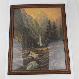 Vintage Mountain Landscape Print in Rustic Wood Frame