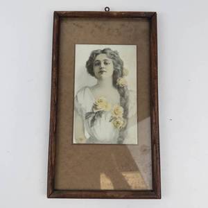 Vintage Edwardian-Style Lithograph Portrait in Original Wooden Frame