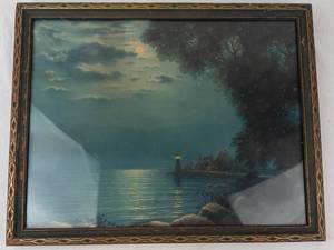 George Hacker Vintage Lithograph Print Moonlit Lighthouse Scene Framed