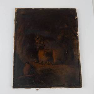 19th Century Oil Painting With Two Squirrels and a Bird