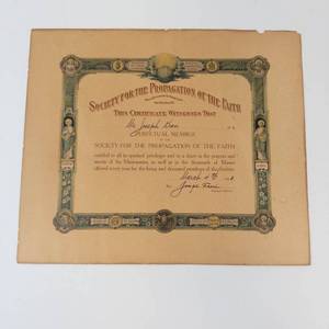 1913 Society for the Propagation of the Faith Certificate for Joseph Kren