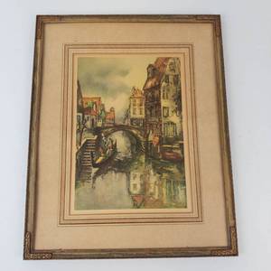 Claude Dorval Venice Canal Scene Continental Lithograph Print Framed