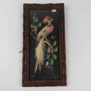 Vintage Mexican Feather Art Bird in Hand-Carved Cedar Frame