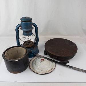 Vintage Blue Lantern With Broken Wooden Lazy Susan & Metal Container