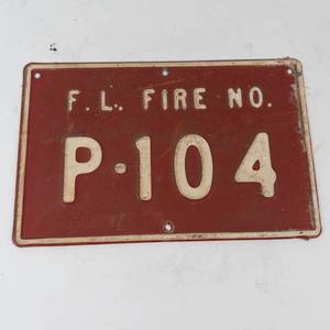 Vintage F. L. Fire No. P-104 Metal Sign Plate