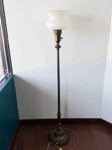 Vintage Brass Floor Lamp With Glass Shade - Untested