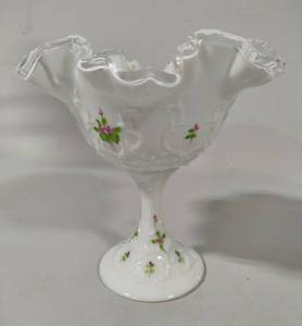 Fenton Violets in the Snow Spanish Lace Hand Painted Silver Crest Compote