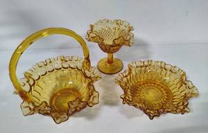 Vintage Fenton Amber Thumbprint Basket & Candy Dishes