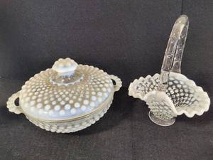 Fenton Moonstone Hobnail Covered Candy Dish & Basket